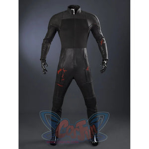 Matt Murdock black cosplay bodysuit layers textured faux leather panels with red accents across the arms and legs.