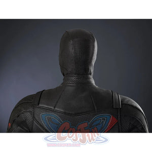Matt Murdock black cosplay outfit captures the detailed back view of the textured hood and dark tactical suit armor.