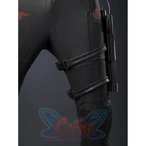 Matt Murdock black cosplay costume leg guards anchor the adjustable straps that hold a tactical side holster in place.
