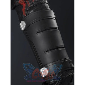 Matt Murdock black cosplay centers black protective leg guard with silver-tone metal fasteners and mesh ventilation slots.
