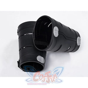 Matt Murdock black cosplay centers black protective leg guards with silver-tone circular accents and internal straps.
