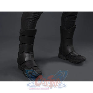 Matt Murdock black cosplay leg guards anchor the lower costume with sleek panels that curve around each tactical boot.