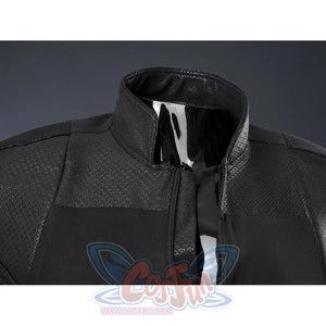 Matt Murdock black cosplay centers textured black panels and high collar detail.