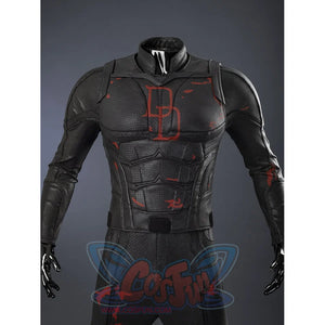 Matt Murdock black cosplay bodysuit frames a fitted torso with textured faux leather panels and weathered red accents.