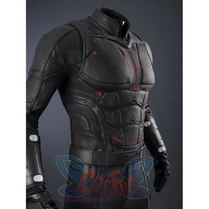 Matt Murdock black cosplay costume layers textured faux leather over a fitted bodysuit with red detailing on the chest.