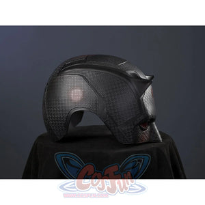 Matt Murdock black cosplay helmet crafted from fiberglass gathers intricate textured patterns along the side profile.