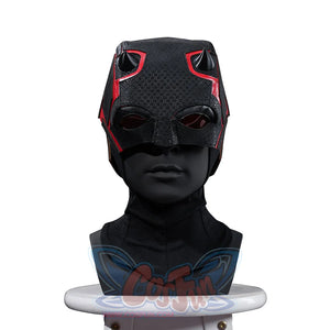 Matt Murdock cosplay helmet front view frames dark eye openings with red horn accents over the black hood.
