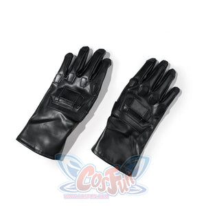 Matt Murdock cosplay gloves center black faux leather texture across padded knuckles and long wrist cuffs.