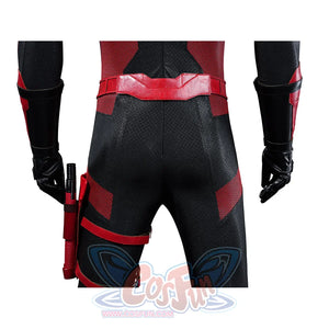 Matt Murdock cosplay costume rear detail anchors the red belt over black leg guards beside the side baton holster.