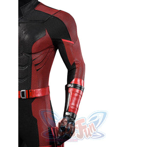 Matt Murdock cosplay costume side detail frames the red sleeve guard beside chest panels and the holster.