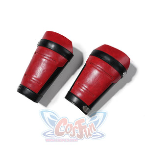 Matt Murdock cosplay arm guards pair red curved panels with black trim and silver-tone fasteners.