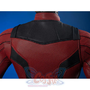 Matt Murdock cosplay bodysuit back view frames reinforced shoulder panels and textured stretch fabric with black trim.