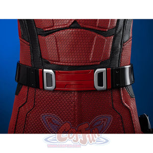 Matt Murdock cosplay costume centers a red textured bodysuit with a black utility belt that anchors the midsection perfectly.
