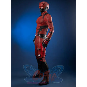 Matt Murdock cosplay suit layers textured red fabric with durable leg guards and a matching helmet for a complete look.