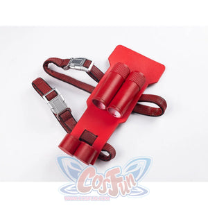 Matt Murdock cosplay leg guard piece frames double red cylindrical holsters with secure adjustable buckle straps.