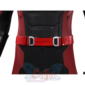 Matt Murdock cosplay utility belt detail centers red straps and silver-tone buckles over the black bodysuit.