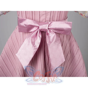 Melanie Martinez K-12 Cry Baby cosplay back bow detail ties satin ribbons over the pink pleated dress.