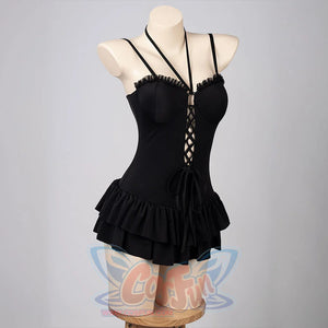 Death Note Misa Amane cosplay swim dress angles the lace-up bodice toward layered ruffle tiers.