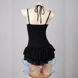 Death Note Misa Amane cosplay swim dress turns tied back straps above the ruffled skirt.