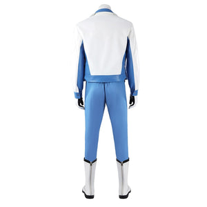Mister Fantastic Reed Richards cosplay costume centers blue and white jacket and pants ensemble from back perspective.