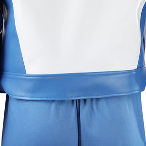 Mister Fantastic Reed Richards cosplay costume captures blue suit panels and clean white trim details on the jacket waist.