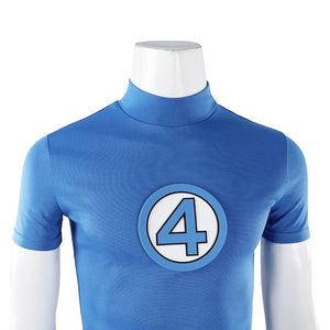 Mister Fantastic Reed Richards cosplay costume traces the blue fabric texture and centers the iconic number four logo.