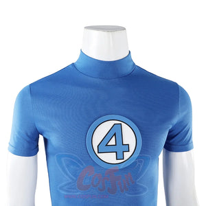 Mister Fantastic Reed Richards cosplay costume traces the blue fabric texture and centers the iconic number four logo.