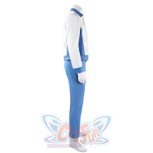 Mister Fantastic Reed Richards cosplay costume balances a white jacket over blue trousers and matching fitted gloves.