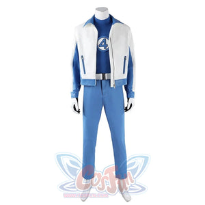 Mister Fantastic Reed Richards cosplay costume balances a white jacket over a blue shirt and trousers beside black gloves.