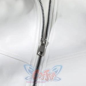 Mister Fantastic Reed Richards cosplay costume white faux leather fabric surfaces trace a silver-tone zipper.