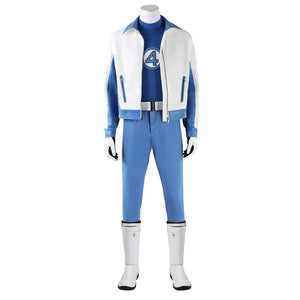 COSFUN Mister Fantastic Reed Richards cosplay costume includes a white jacket and blue shirt beside a number four emblem.