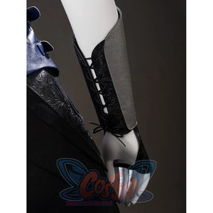 Mortal Kombat 2 Kitana cosplay arm guard close-up threads black lacing beside a silver forearm panel.