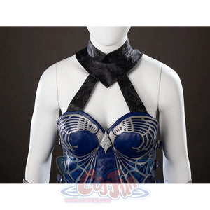 Mortal Kombat 2 Kitana cosplay bodice front detail crosses black neck straps above blue armor cups.