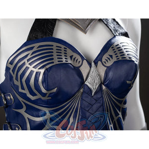 Mortal Kombat 2 Kitana cosplay bodice detail centers blue cups beneath silver rib-like trim.