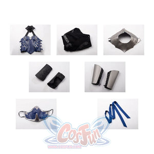 Mortal Kombat 2 Kitana cosplay costume flat lay groups the blue vest around mask, armor pieces, and sash.
