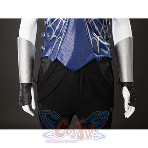 Mortal Kombat 2 Kitana cosplay waist detail frames layered black pants below silver arm guards.
