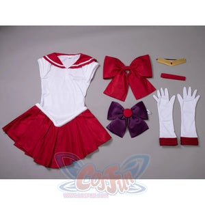 Sailor Mars Rei Hino 1st Gen cosplay dress anchors two red bows and pairs white gloves with a gold tiara and red choker.