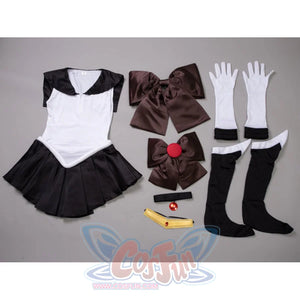 Sailor Pluto Setsuna Meioh cosplay set pairs a sailor-collar dress and gloves anchored by gold tiara and red gem accents.