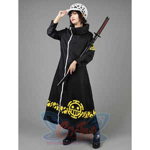Trafalgar Law cosplay coat layers a zippered black trench over yellow graphics paired with a beanie.