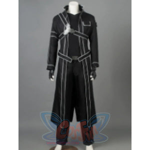 Kirito SAO cosplay costume frames a long black coat trimmed in white and balanced by a silver harness.