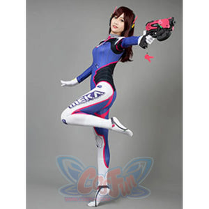 D.Va Hana Song Overwatch cosplay costume sets graphic bodysuit beside gloves and light-up toy weapon.