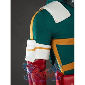 My Hero Academia Deku cosplay arm detail places a white band over red glossy sleeve armor and yellow trim.