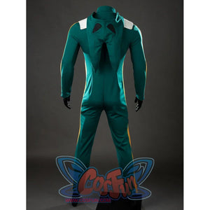 My Hero Academia Deku cosplay bodysuit back view defines the hood shape across deep green fitted panels.