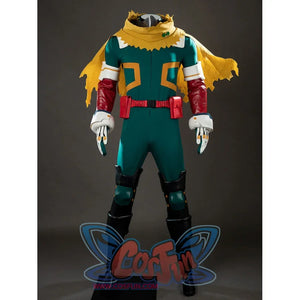 My Hero Academia Midoriya Izuku Deku cosplay costume layers a green bodysuit under a yellow hooded cape.