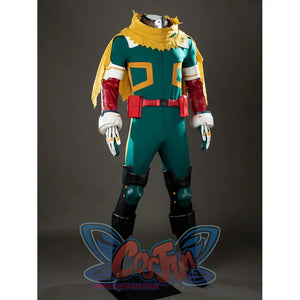 My Hero Academia Deku cosplay costume front view balances green panels around red belt pouches and leg guards.