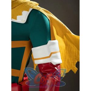 My Hero Academia Deku cosplay shoulder detail layers a yellow cape over red sleeve armor and white cuffs.