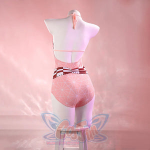 Nezuko cosplay swimsuit back view showing pink straps, a patterned one-piece suit, and checkered waist band