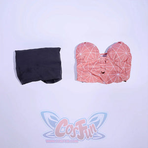 Nezuko cosplay swimsuit flat lay showing a folded grey sheer cover-up and pink patterned swimsuit top
