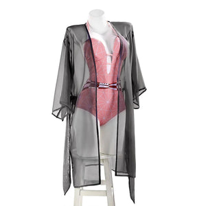 COSFUN Nezuko cosplay swimsuit set front view with a pink one-piece swimsuit and grey sheer cover-up