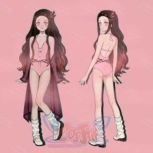 Nezuko cosplay swimsuit design reference showing front and back styling with a black sheer cover-up